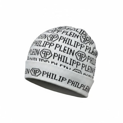 🤍 Philipp Plein Monogram White Beanie | All-Over Logo Designer Knit Hat