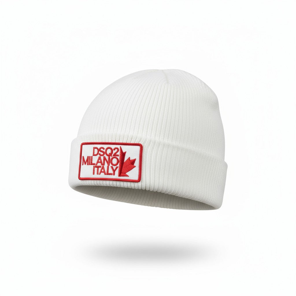 ❄️ DSQUARED2 Milano Italy White Beanie | Red Maple Leaf Logo Hat