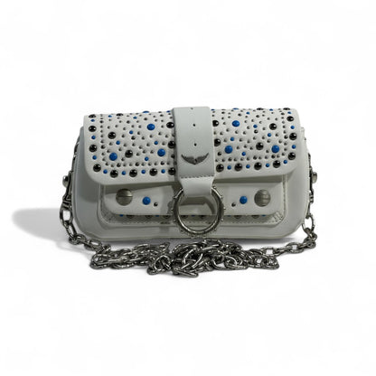 Zadig & Voltaire White Studded Shoulder Bag 🤍✨ | Silver Chain & Blue Accents 💎