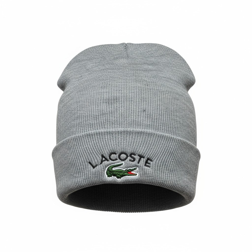 🐊 Lacoste Grey Ribbed Beanie | Classic Crocodile Logo Knit Hat