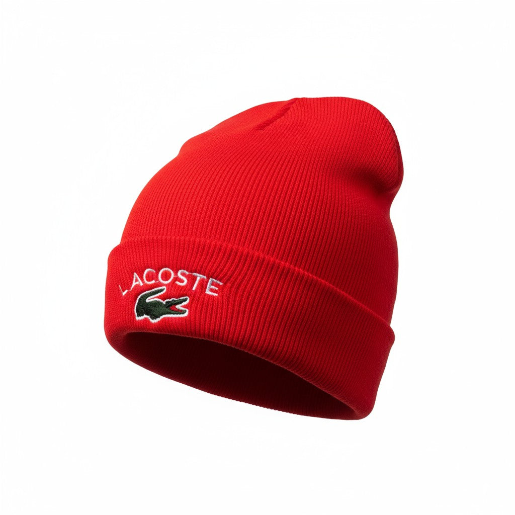 🐊 Lacoste Red Ribbed Beanie | Signature Crocodile Logo Hat