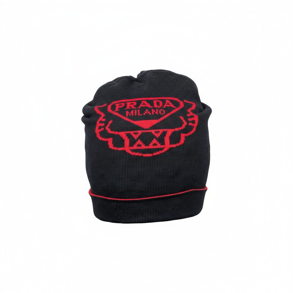 🔴 Prada Milano Black & Red Beanie | Bold Luxury Knit Winter Hat