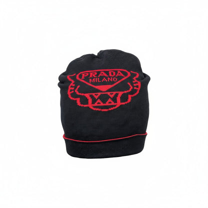 🔴 Prada Milano Black & Red Beanie | Bold Luxury Knit Winter Hat