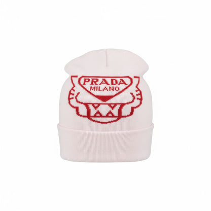🤍 Prada Milano White & Red Beanie | Luxury Knit Winter Hat