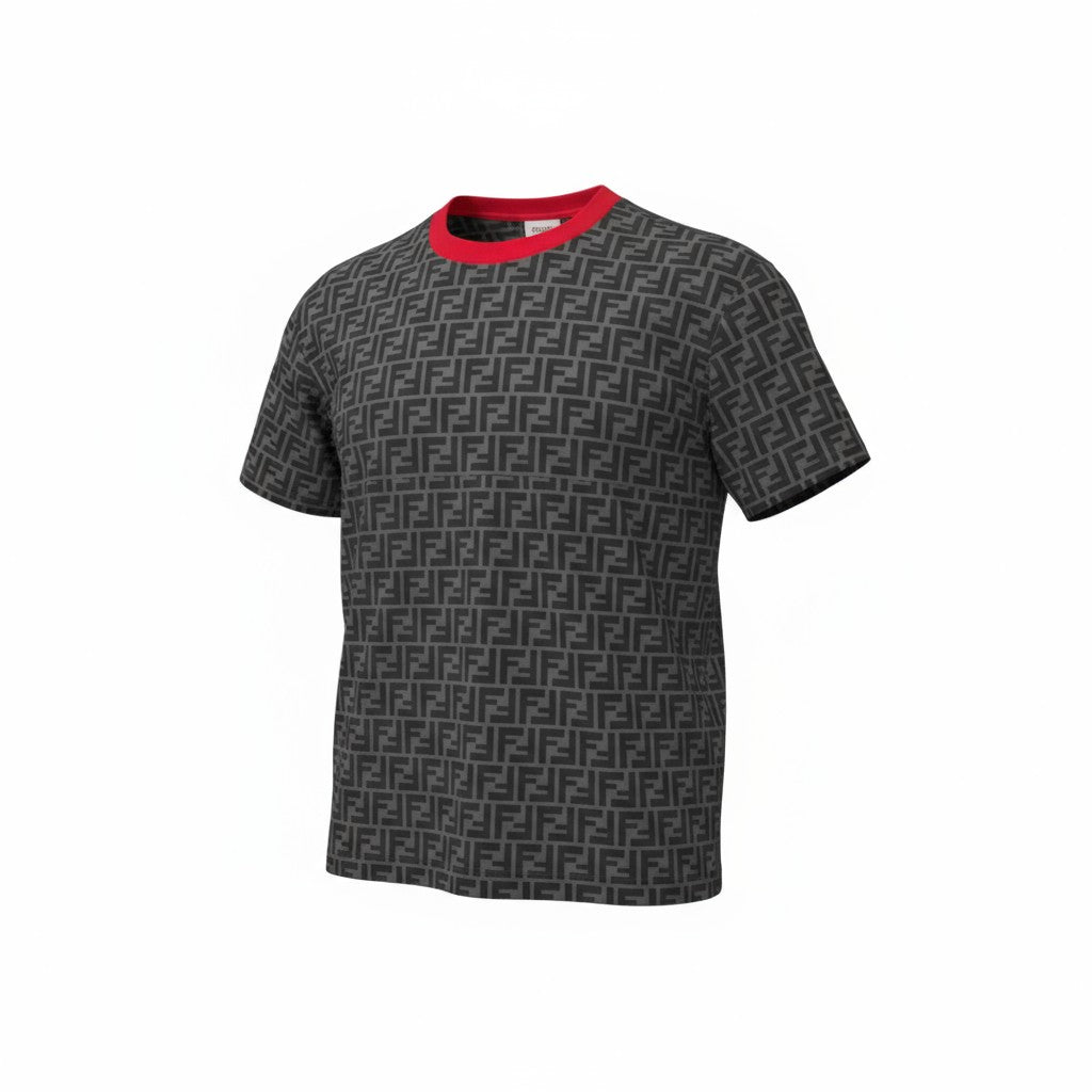 🔥 Fendi All-Over FF Monogram Tee – Charcoal & Red Collar Edition 🖤❤️