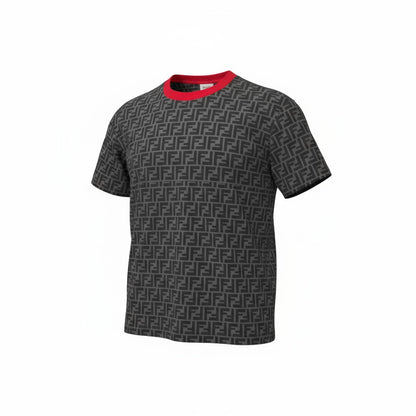 🔥 Fendi All-Over FF Monogram Tee – Charcoal & Red Collar Edition 🖤❤️