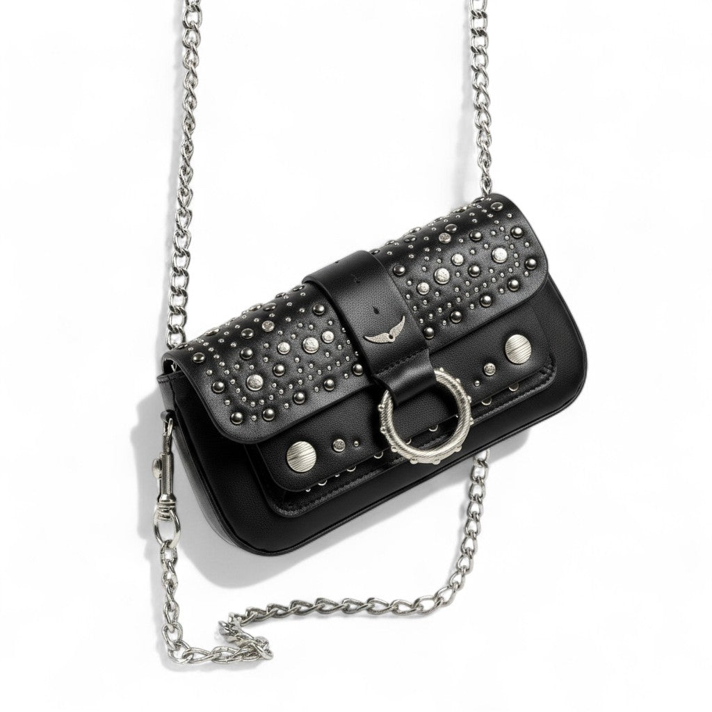 Zadig & Voltaire Black Studded Leather Bag 🖤🔥 | Silver Chain Strap – With Box 📦