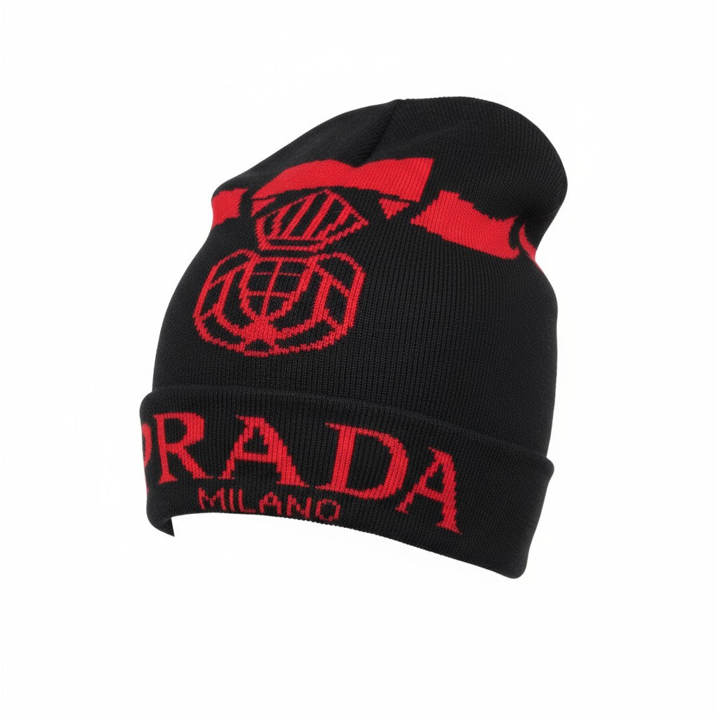 🔴 Prada Milano Black & Red Beanie | Luxury Streetwear Knit Hat
