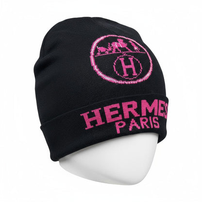💗 Hermès Paris Black & Pink Beanie | Signature “H” Logo Knit Hat