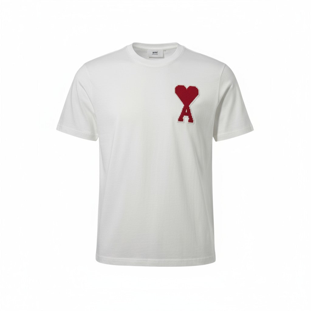 🤍 AMI Paris “Ami de Coeur” Tee – White with Red Heart Patch ❤️🇫🇷