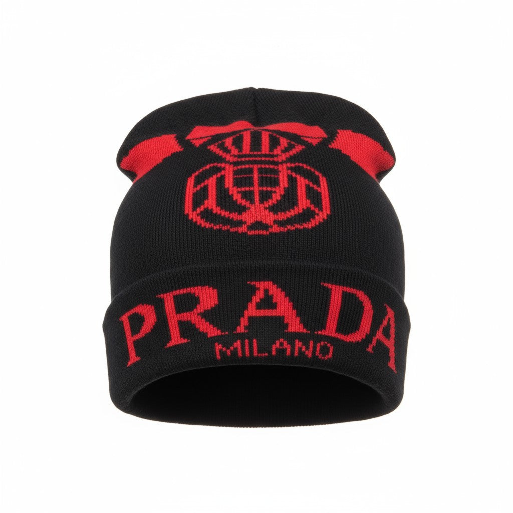 🔴 Prada Milano Black & Red Beanie | Luxury Streetwear Knit Hat