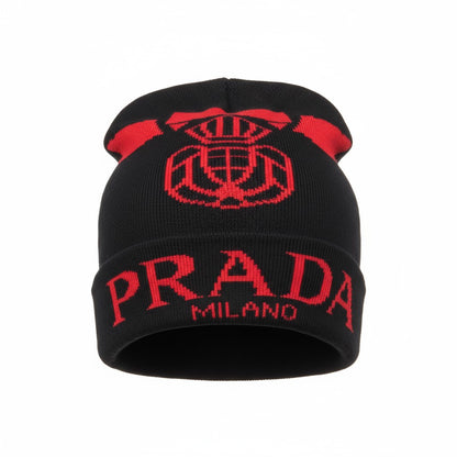 🔴 Prada Milano Black & Red Beanie | Luxury Streetwear Knit Hat