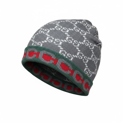 🩶 Gucci Grey GG Knit Beanie with Green & Red Trim | Luxury Winter Hat