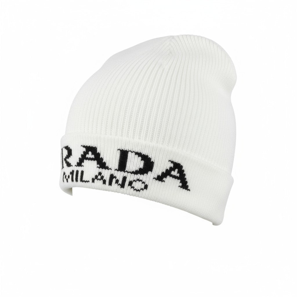 🤍 Prada Milano White Ribbed Beanie | Luxury Knit Logo Hat