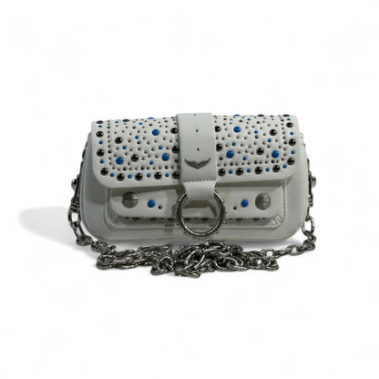 Zadig & Voltaire White Studded Shoulder Bag 🤍✨ | Silver Chain & Blue Accents 💎