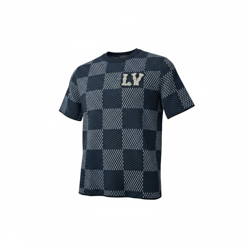 🧵 Louis Vuitton LV Knit Checkerboard Tee – Navy Monogram Style 🔷🖤