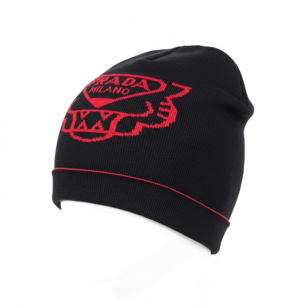 🔴 Prada Milano Black & Red Beanie | Bold Luxury Knit Winter Hat