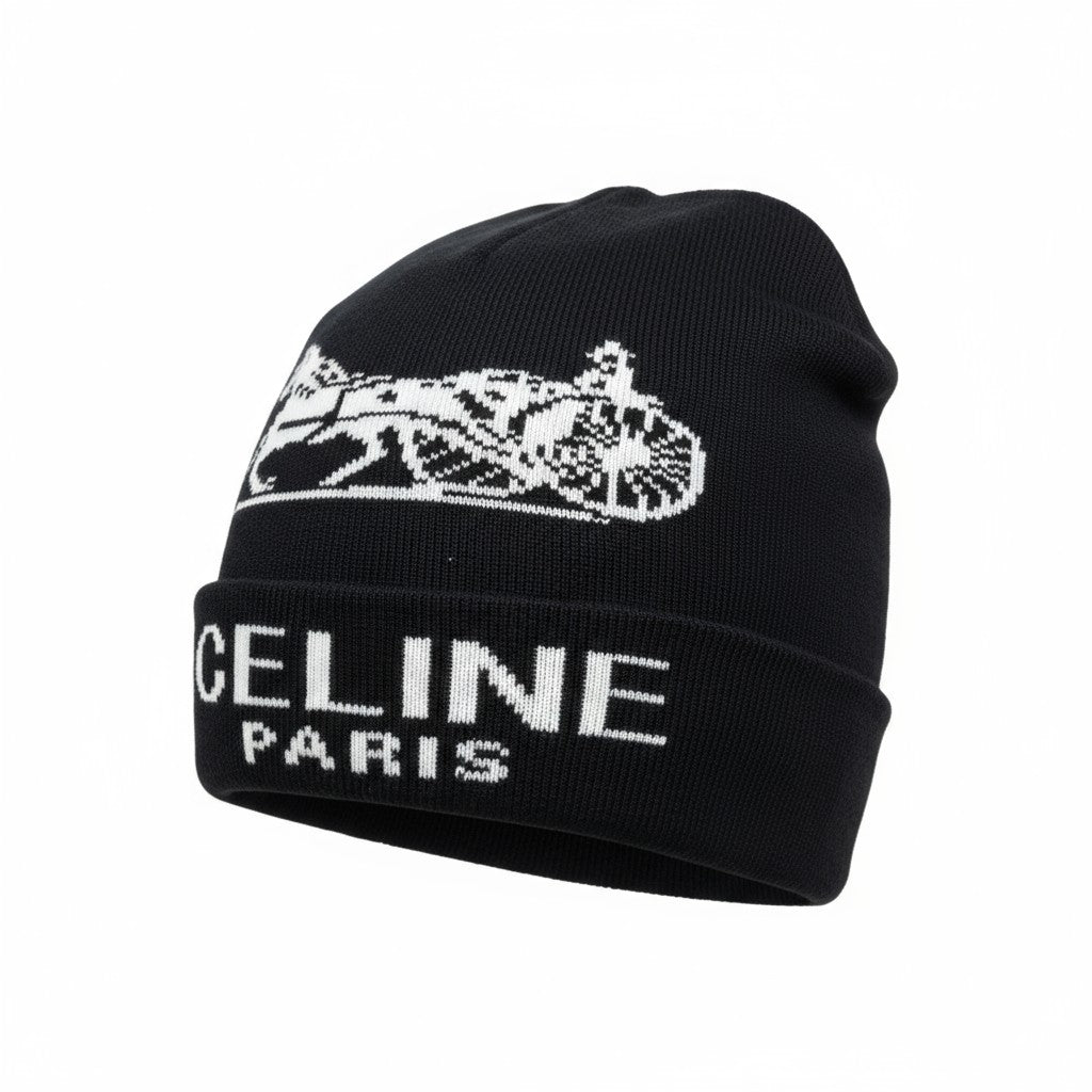 🖤 CELINE Paris Black Beanie | Horse Carriage Logo Knit Hat