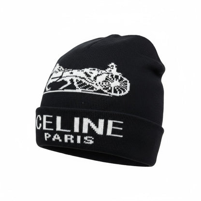 🖤 CELINE Paris Black Beanie | Horse Carriage Logo Knit Hat