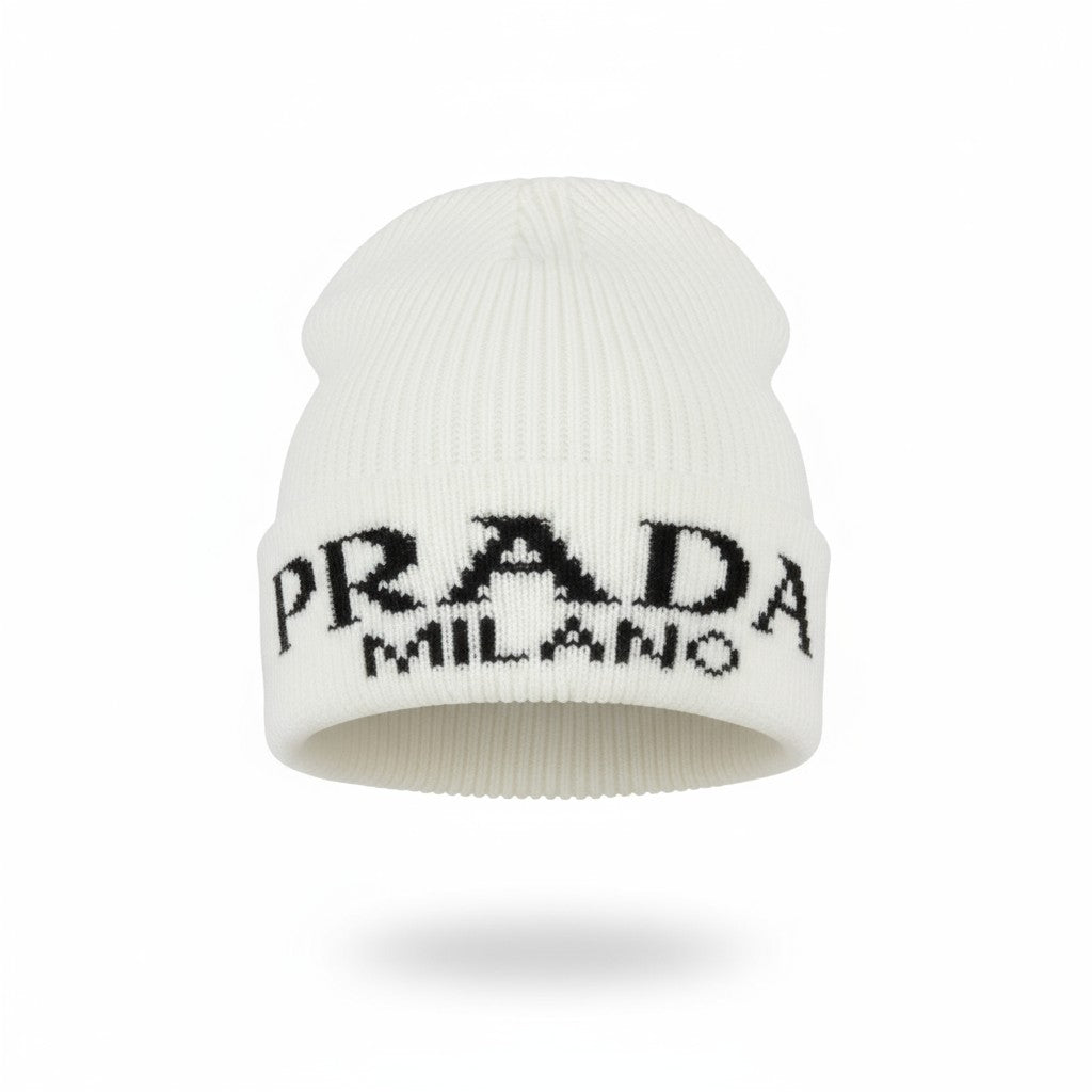 🤍 Prada Milano White Ribbed Beanie | Luxury Knit Logo Hat
