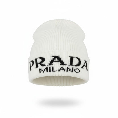 🤍 Prada Milano White Ribbed Beanie | Luxury Knit Logo Hat