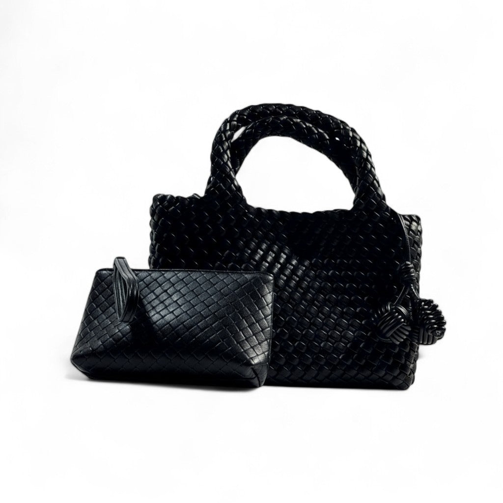 Bottega Veneta Black Woven Tote & Pouch Set 🖤✨ | Luxury Intrecciato Leather Handbag