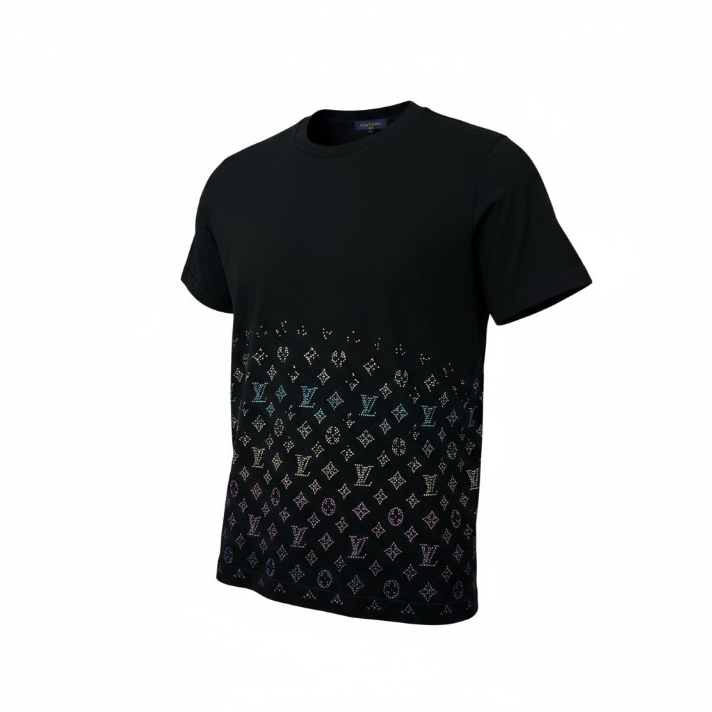 ✨ Louis Vuitton Monogram Crystal Gradient Tee – Black Rainbow Sparkle 🌈🖤