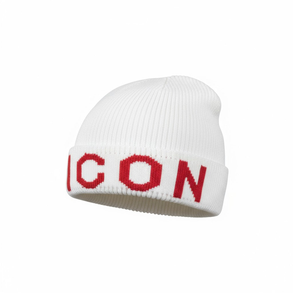 🤍 Dsquared2 ICON White Beanie | Bold Red Logo Knit Hat