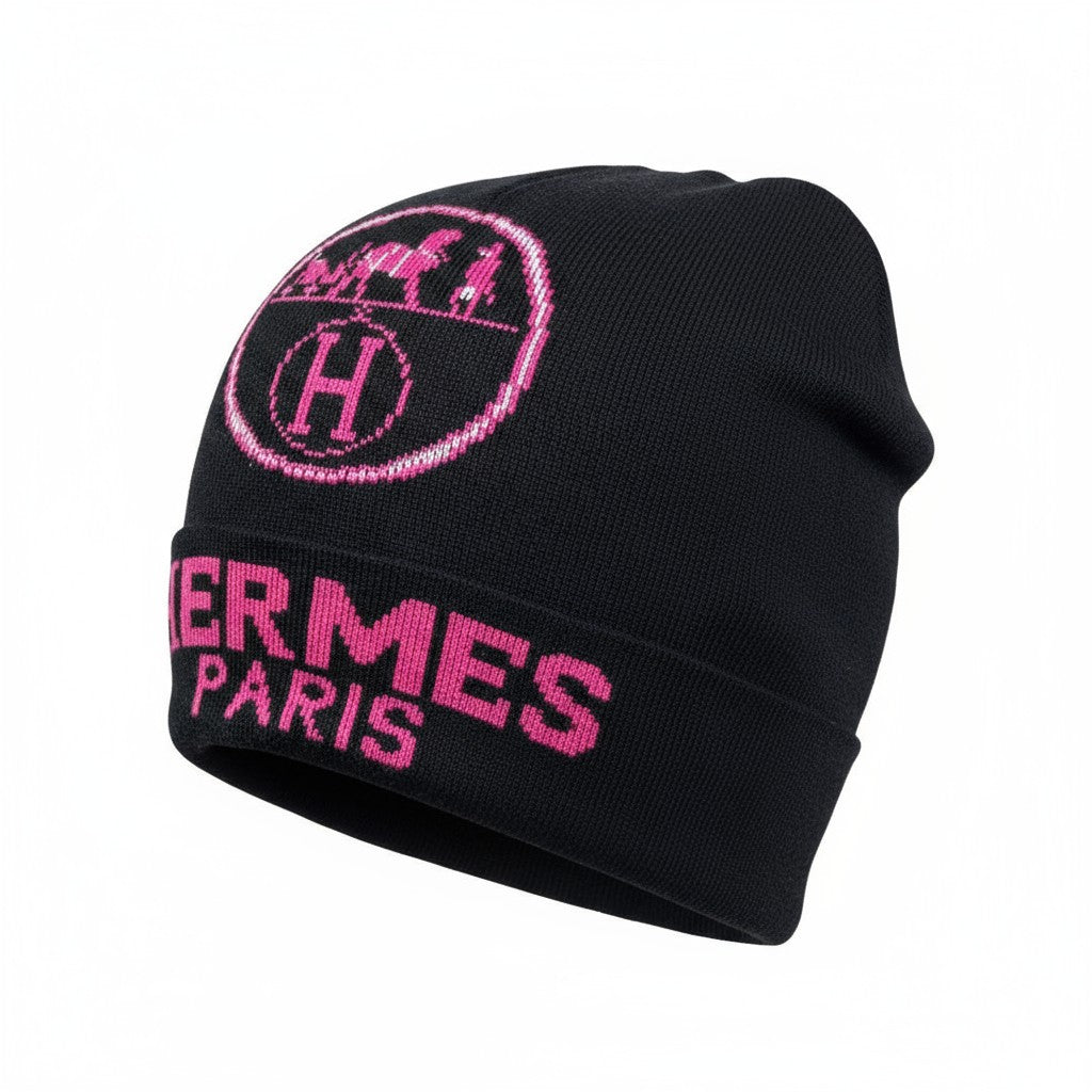 💗 Hermès Paris Black & Pink Beanie | Signature “H” Logo Knit Hat