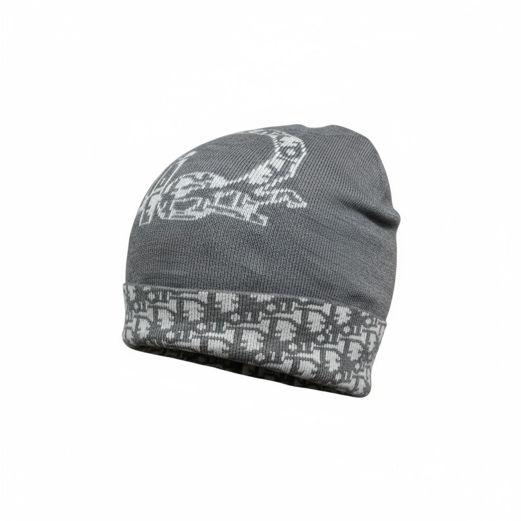 🩶 Dior Grey Knit Beanie | Christian Dior Oversized Logo Hat