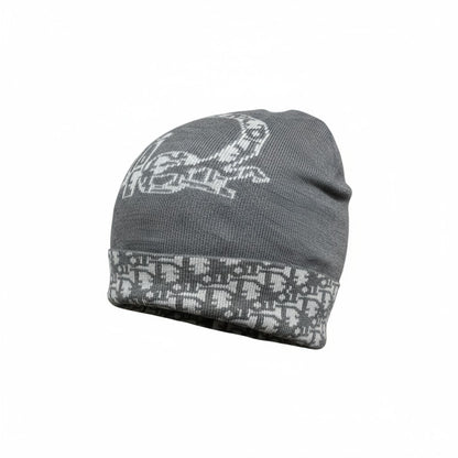 🩶 Dior Grey Knit Beanie | Christian Dior Oversized Logo Hat