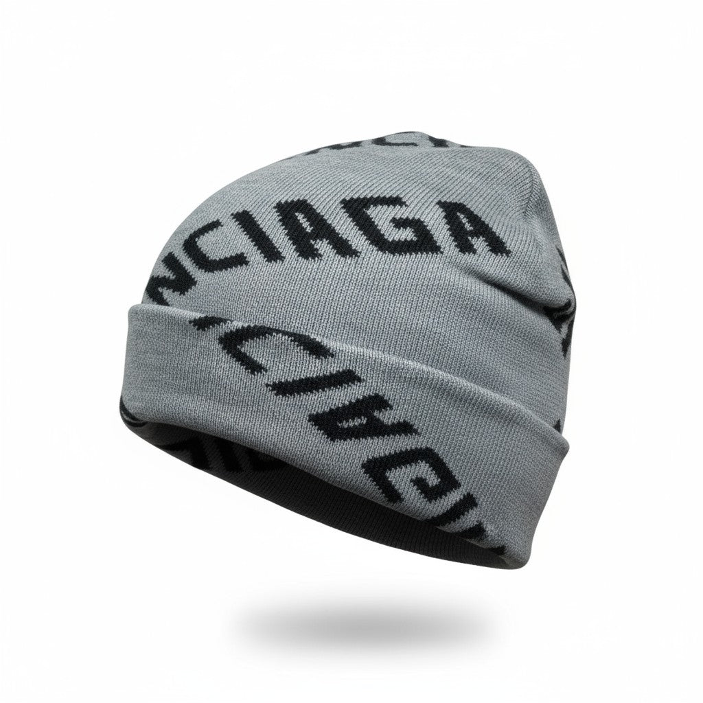 🩶 Balenciaga Grey Logo Beanie | All-Over Monogram Knit Hat