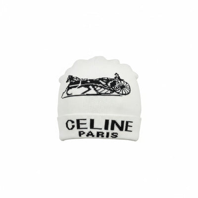 🤍 CELINE Paris White Beanie | Horse Carriage Logo Knit Hat