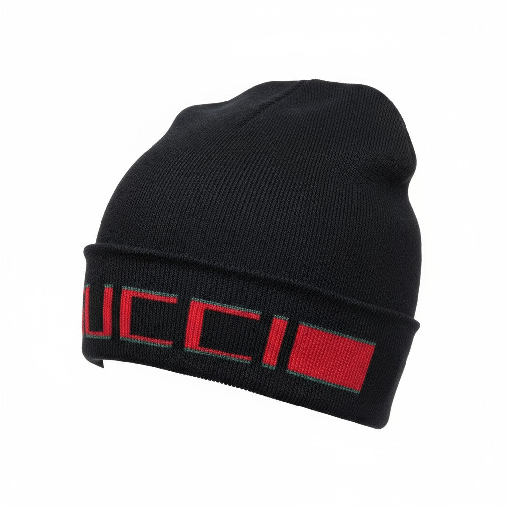 🖤 Gucci Black Knit Beanie with Red & Green Logo Trim | Iconic Winter Hat