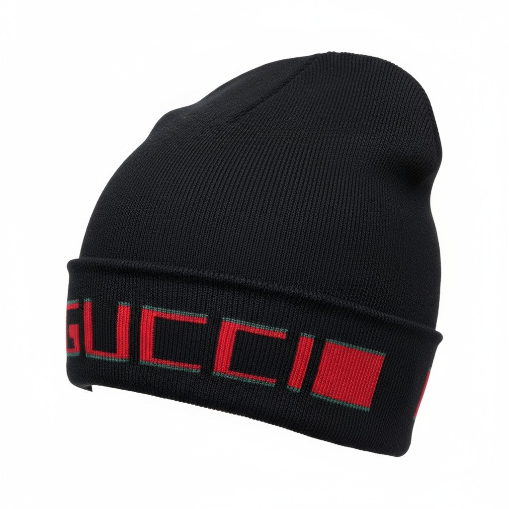 🖤 Gucci Black Knit Beanie with Red & Green Logo Trim | Iconic Winter Hat