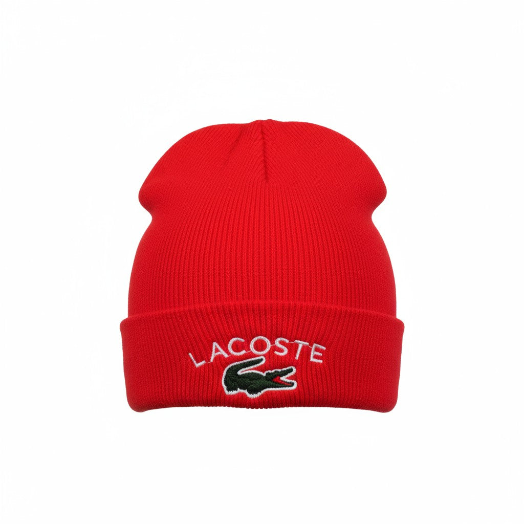 🐊 Lacoste Red Ribbed Beanie | Signature Crocodile Logo Hat