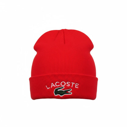 🐊 Lacoste Red Ribbed Beanie | Signature Crocodile Logo Hat
