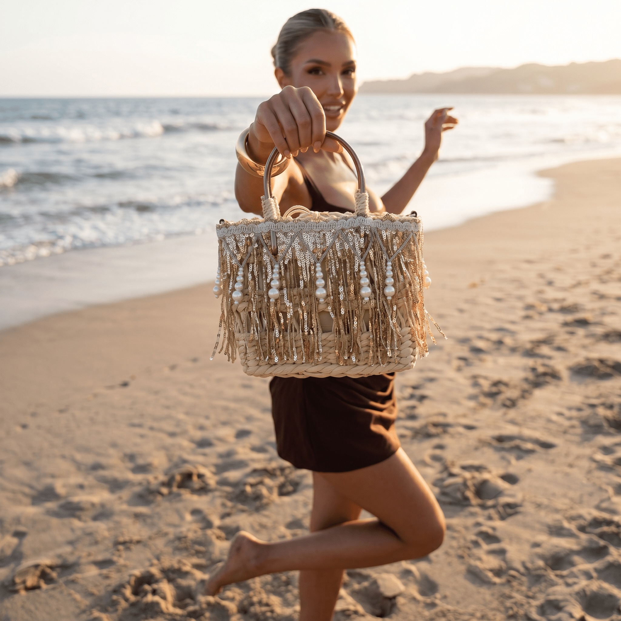✨ Gold Pearl Fringe Straw Handbag | Luxury Resort Glam Beach Bag 🤍 - MASTERPIECE