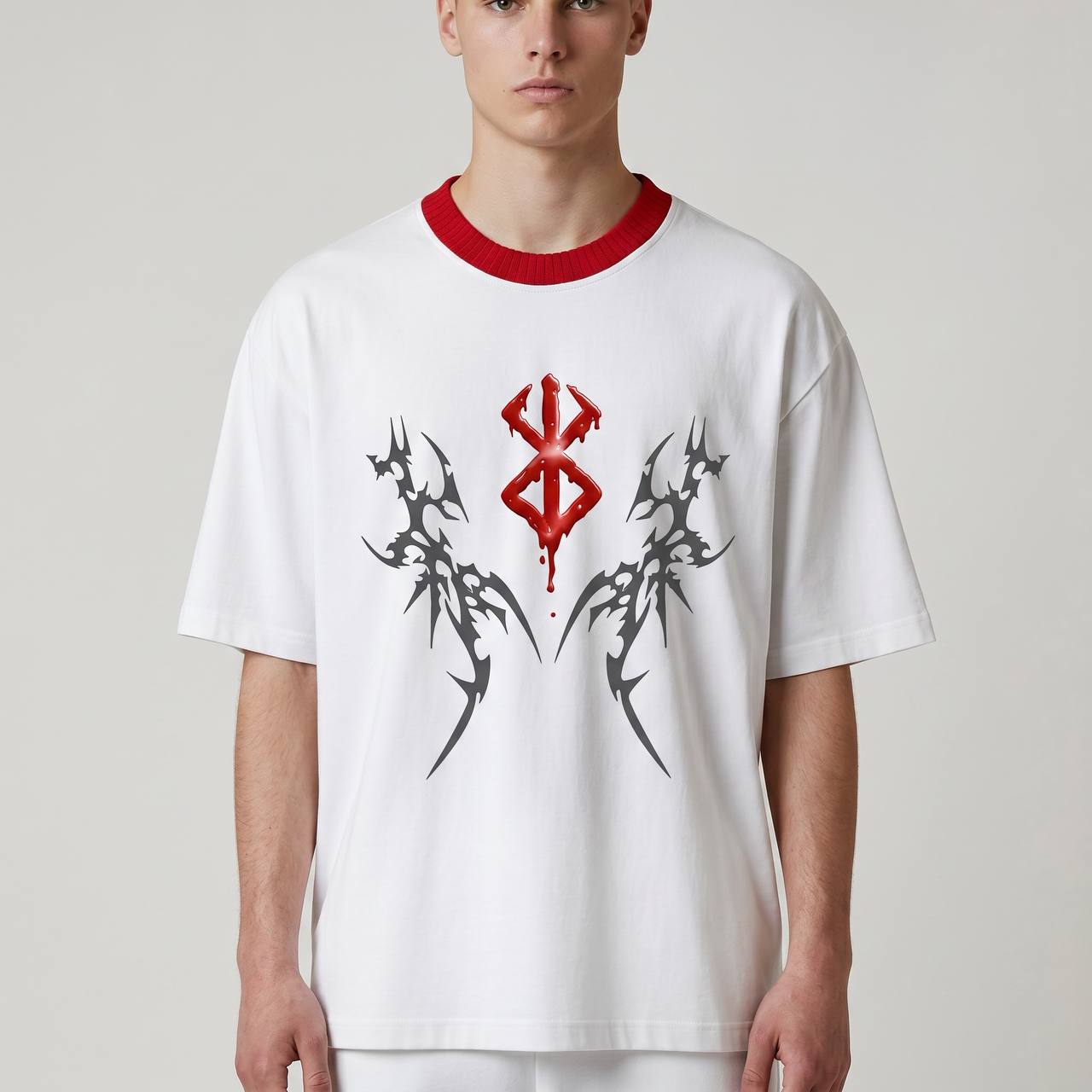Gothic Tribal Oversized T-Shirt – White & Red Edition 🔥⚡ - MASTERPIECE
