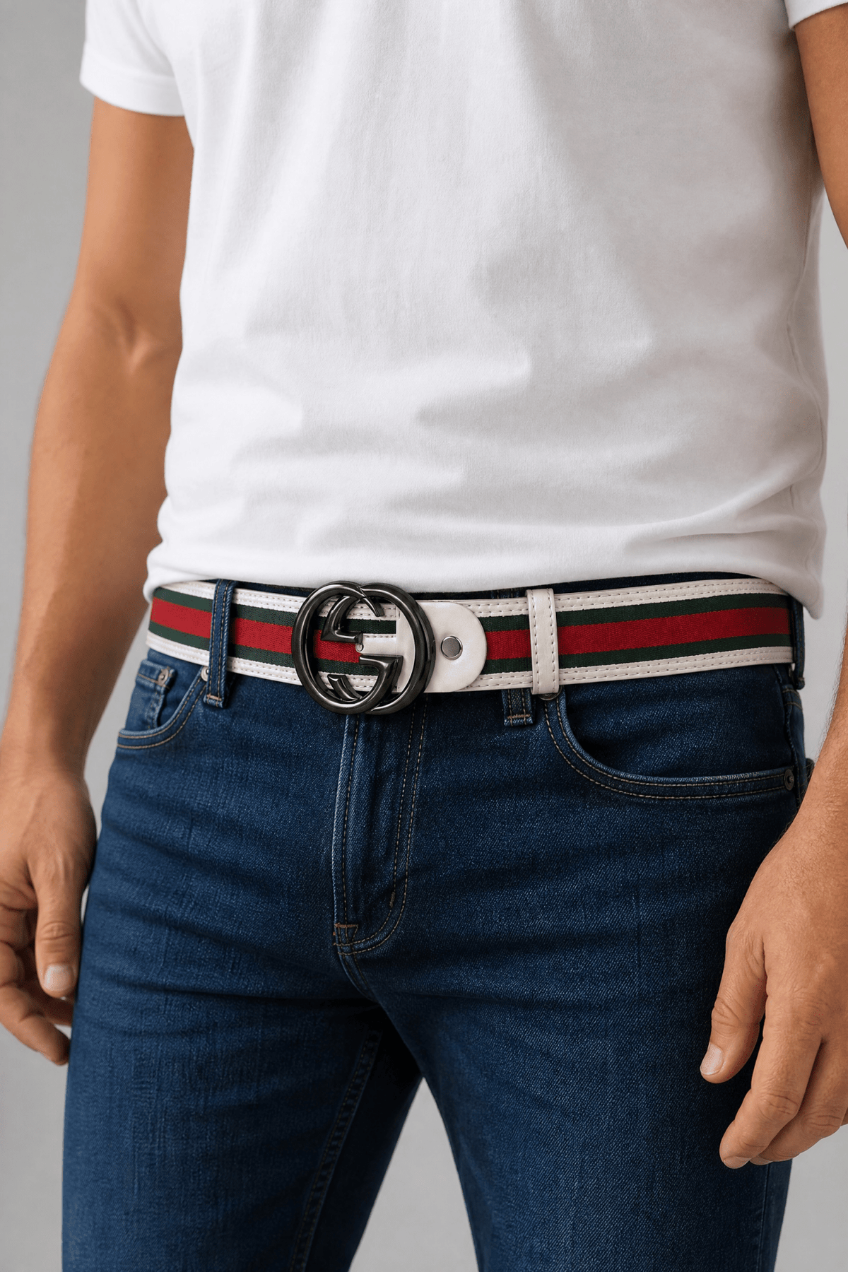 Gucci Belt with Web Stripe & Black Buckle — White - MASTERPIECE