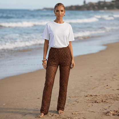 Gucci Brown Sheer Crystal Logo Pants 🤎✨ - MASTERPIECE