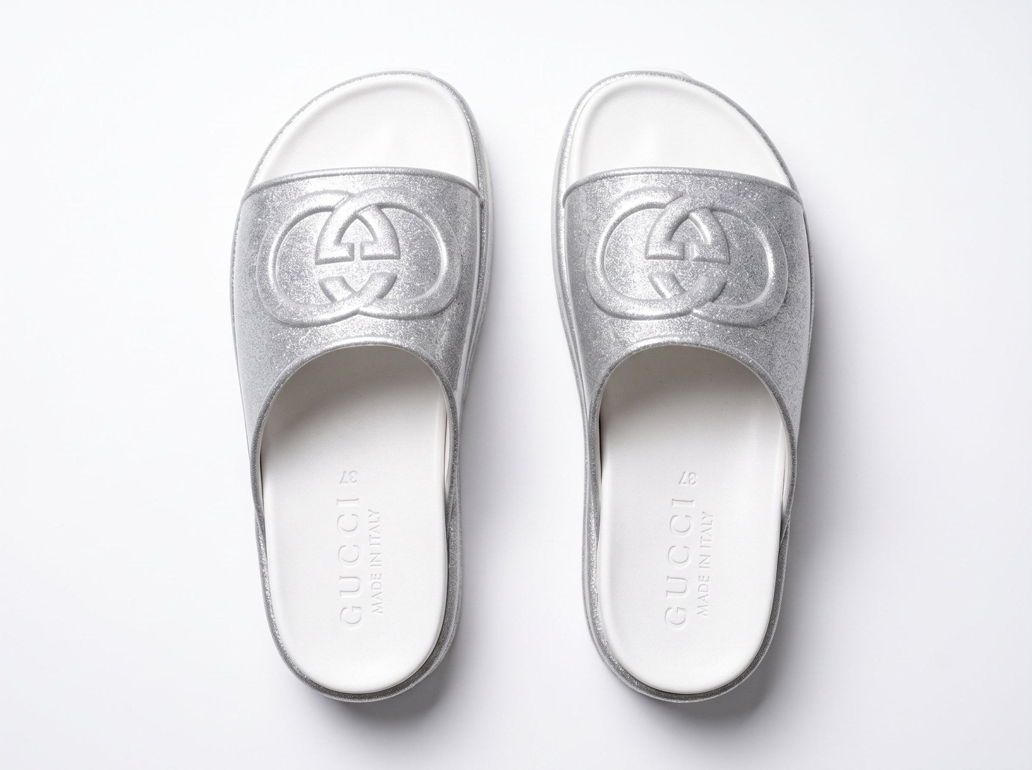 Gucci Flatform Slide – Silver Glitter ✨ - MASTERPIECE
