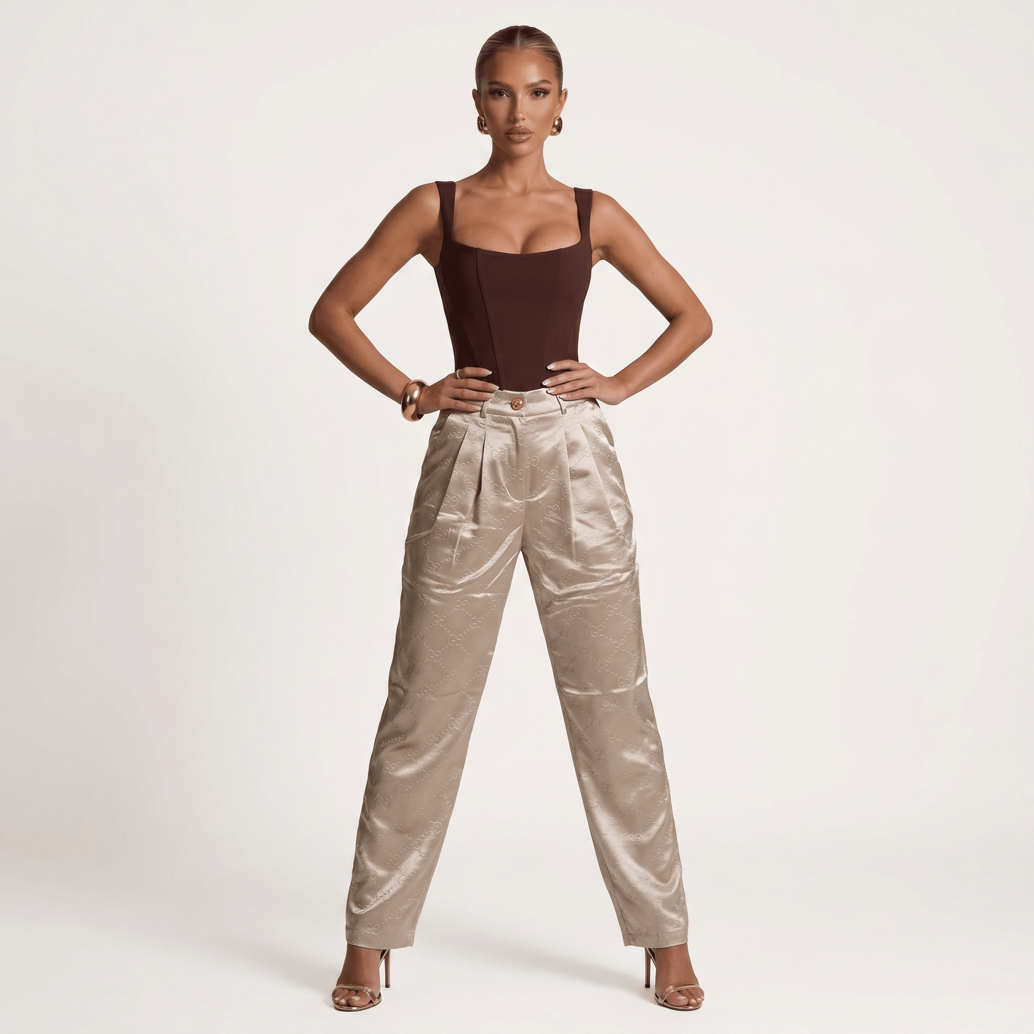 Gucci GG Monogram Satin Wide-Leg Trousers – Champagne Beige ✨🤍 - MASTERPIECE