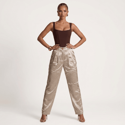 Gucci GG Monogram Satin Wide-Leg Trousers – Champagne Beige ✨🤍 - MASTERPIECE