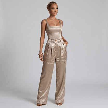 Gucci GG Monogram Satin Wide-Leg Trousers – Champagne Beige ✨🤍 - MASTERPIECE