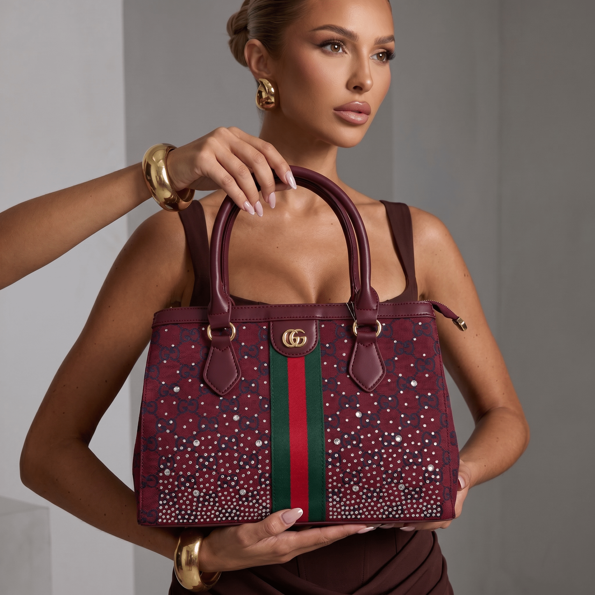 Gucci GG Studded Tote – Burgundy Canvas Web Stripe Luxury Bag ❤️✨ - MASTERPIECE