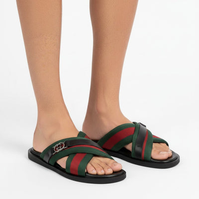 Gucci Green & Red Cross Strap SLIDE– Luxury Designer Summer Slides 💚❤️✨ - MASTERPIECE