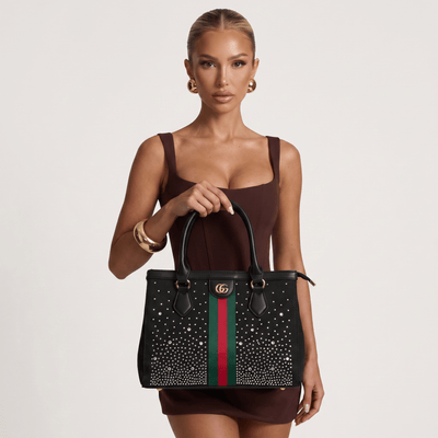 Gucci Studded Leather Tote – Black Web Stripe Statement Bag 🖤✨ - MASTERPIECE