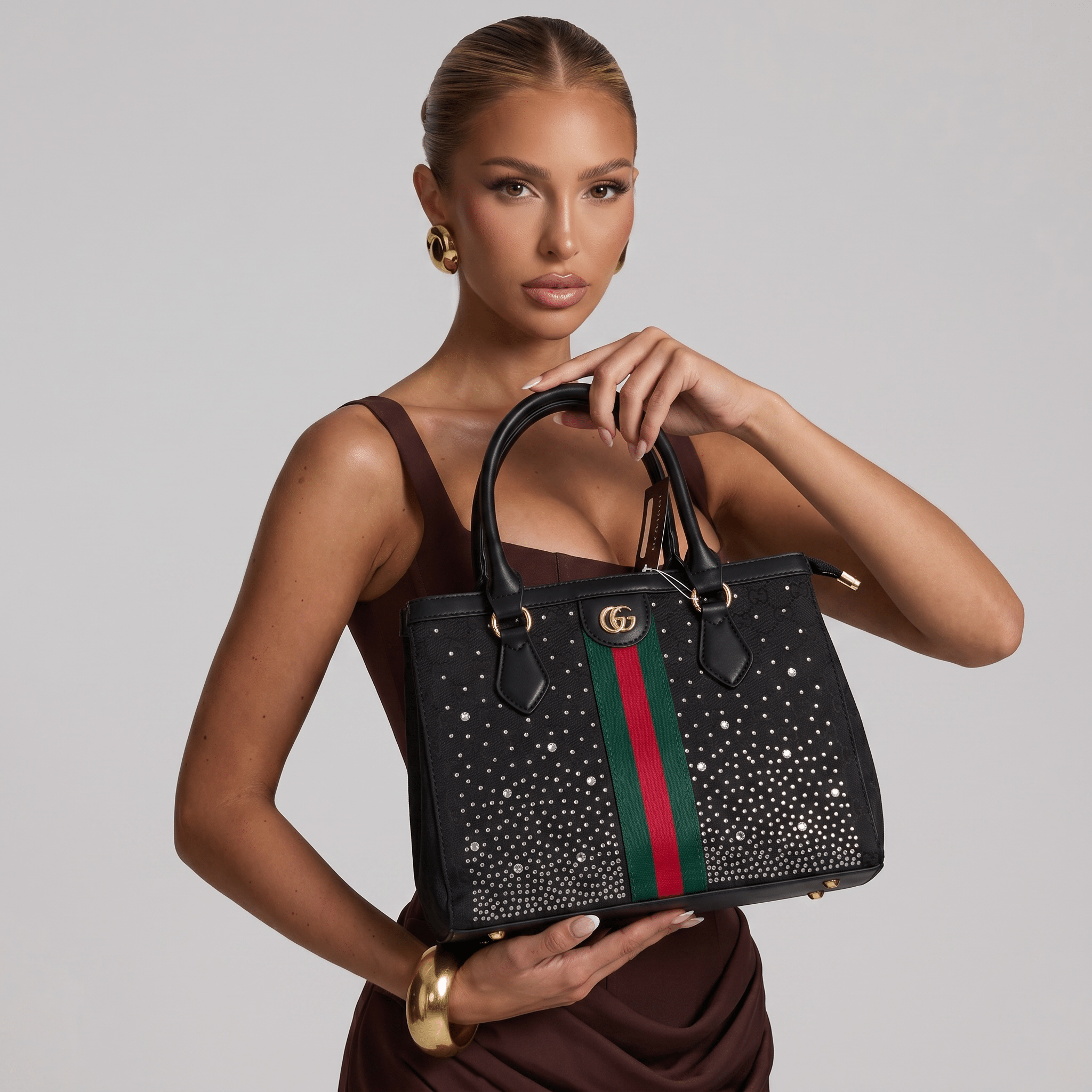 Gucci Studded Leather Tote – Black Web Stripe Statement Bag 🖤✨ - MASTERPIECE