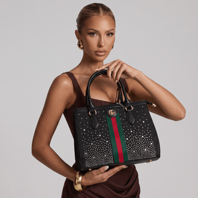 Gucci Studded Leather Tote – Black Web Stripe Statement Bag 🖤✨ - MASTERPIECE